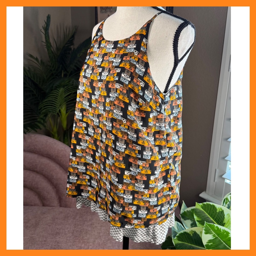 Porridge Tank Top Suitcase Print Sleeveless Black Orange Travel Vacation Size S - Picture 11 of 14